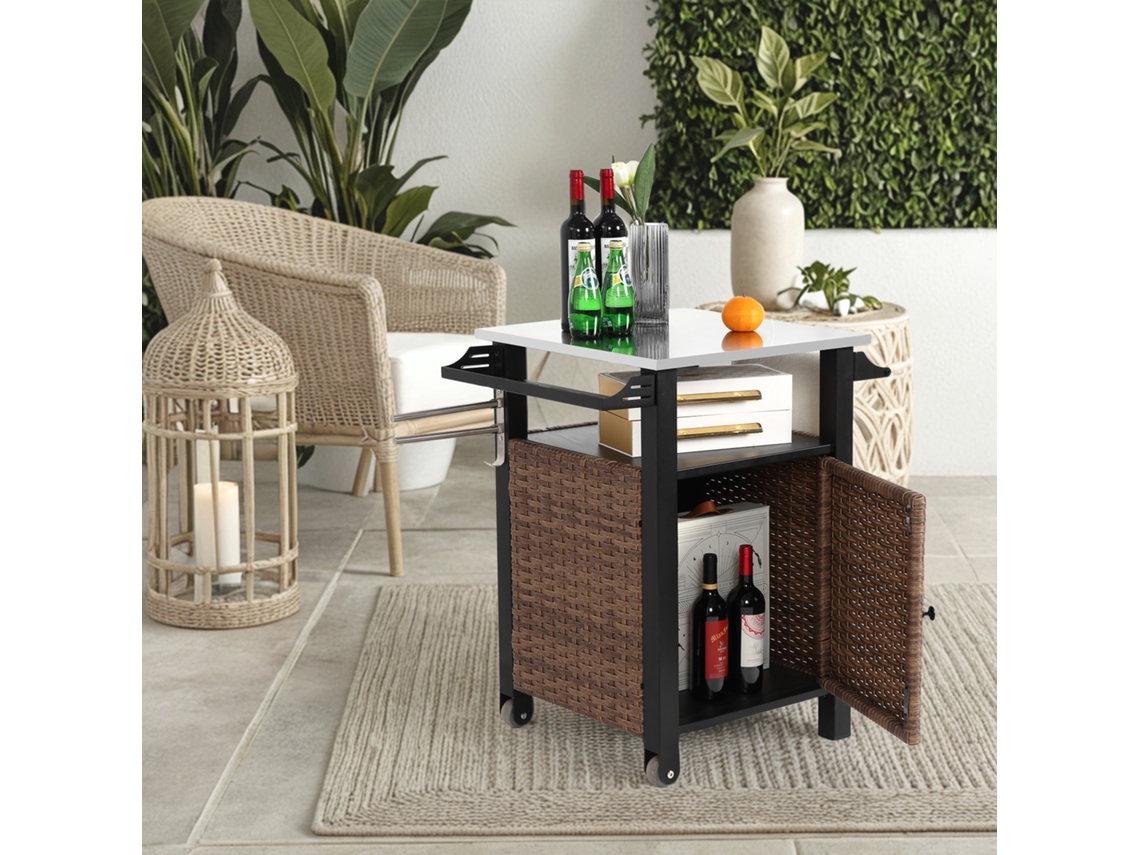 Carrito Bar De Una Puerta, Isla De Cocina Exterior De Ratán Con Ruedas, Armario De Almacenamiento Y Encimera Extensible De Acero Inoxidable, Marrón