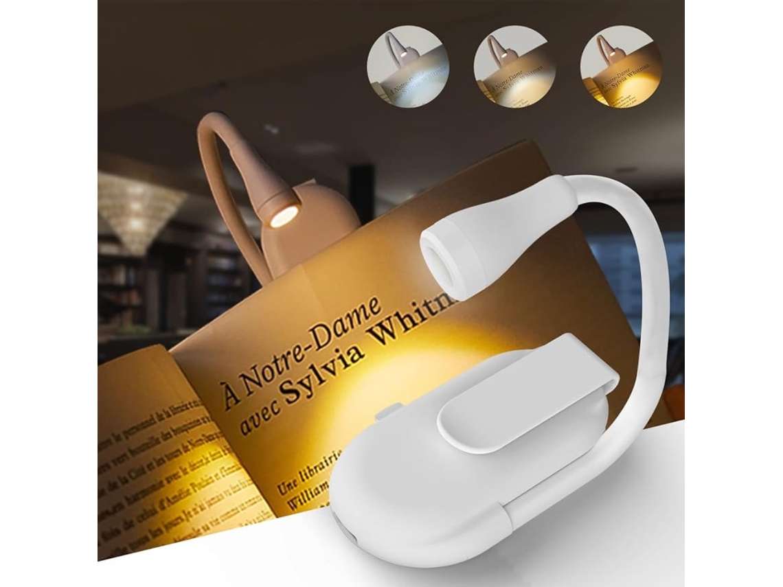 Luz De Lectura Recargable Por Usb (blanca) Con 3 Temperaturas De Color Ajustables Y Clip.