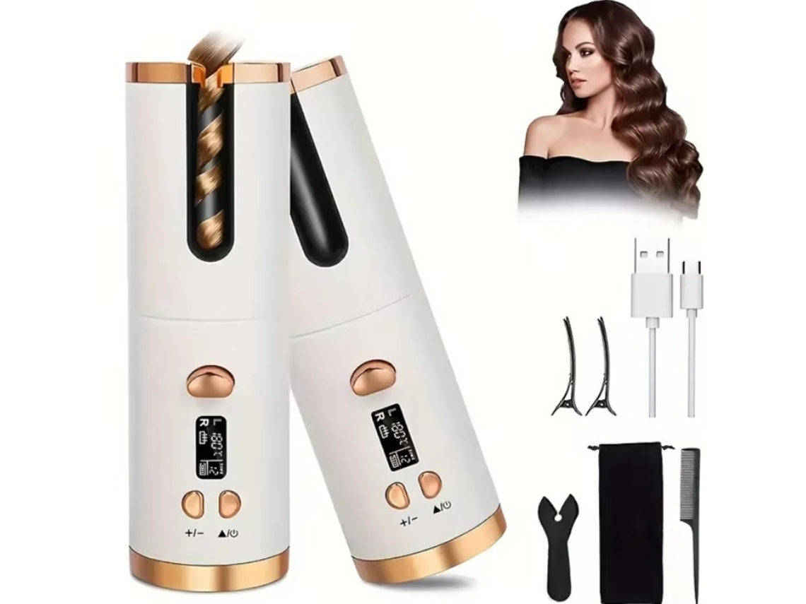 Rizador de pelo automático recargable por USB, portátil, blanco brillante, batería de 5000 mAh, pantalla LCD, Chennnls