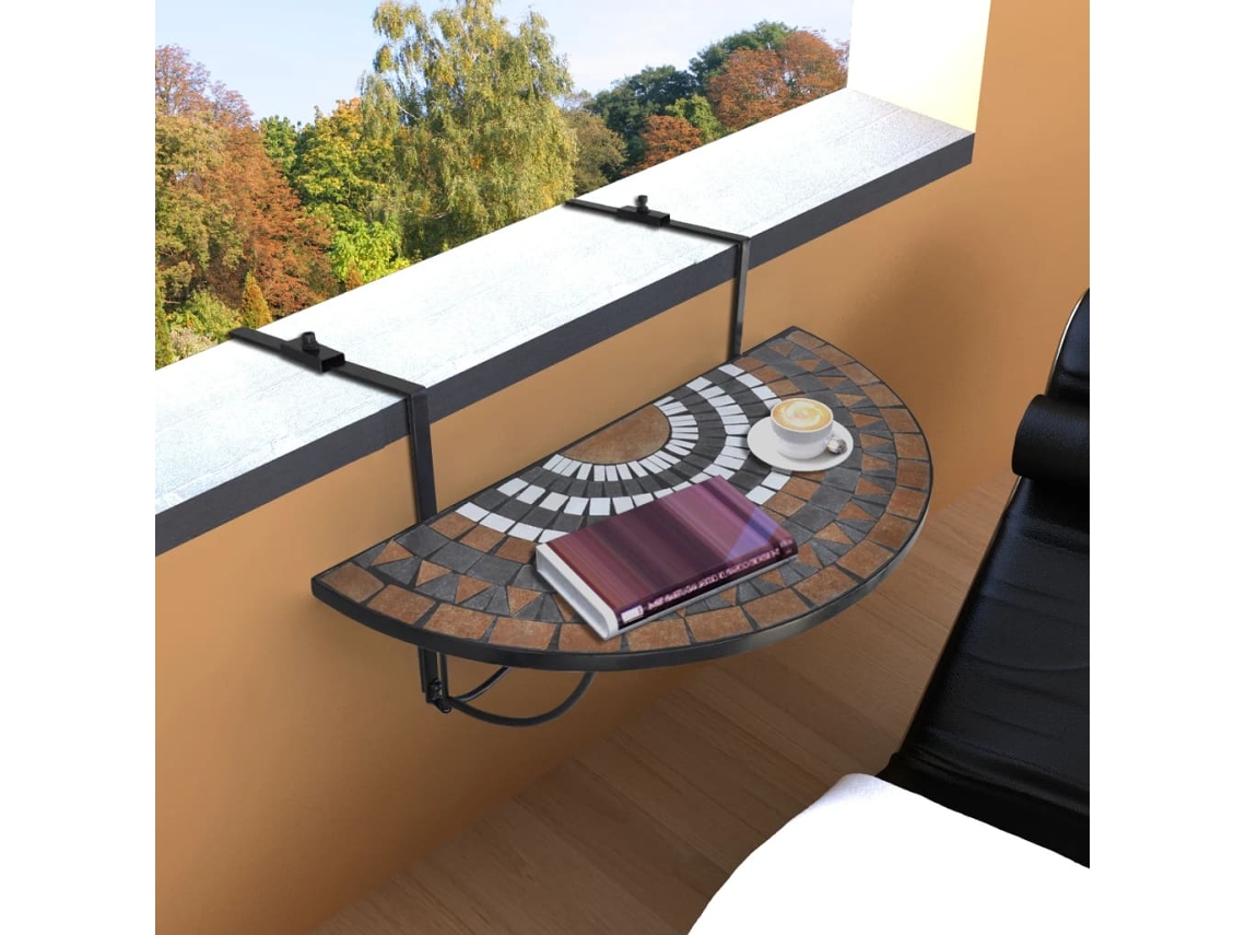 Mesa de jardín LOVELY HOME para balcón suspendida con mosaico en terracota y blanco (76 x 56 x 64 cm)