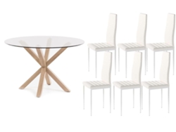 Pack Mesa Redonda de Cristal Templado 6 Sillas polipiel/metal Blanco 120x75 cm SALDOSYSTOCKS