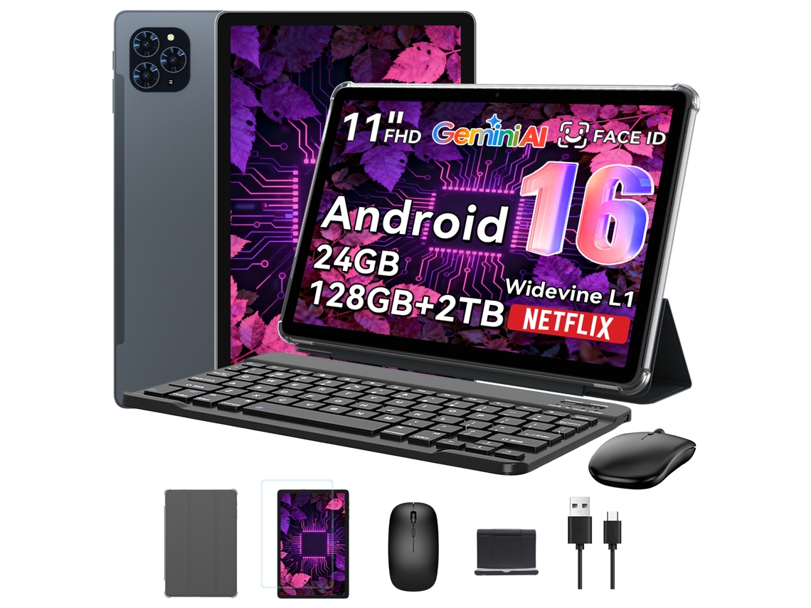 Tablet T90 11'' FHD, Android 16, 24 GB + 128GB/SD 2TB, Gemini AI, com Teclado