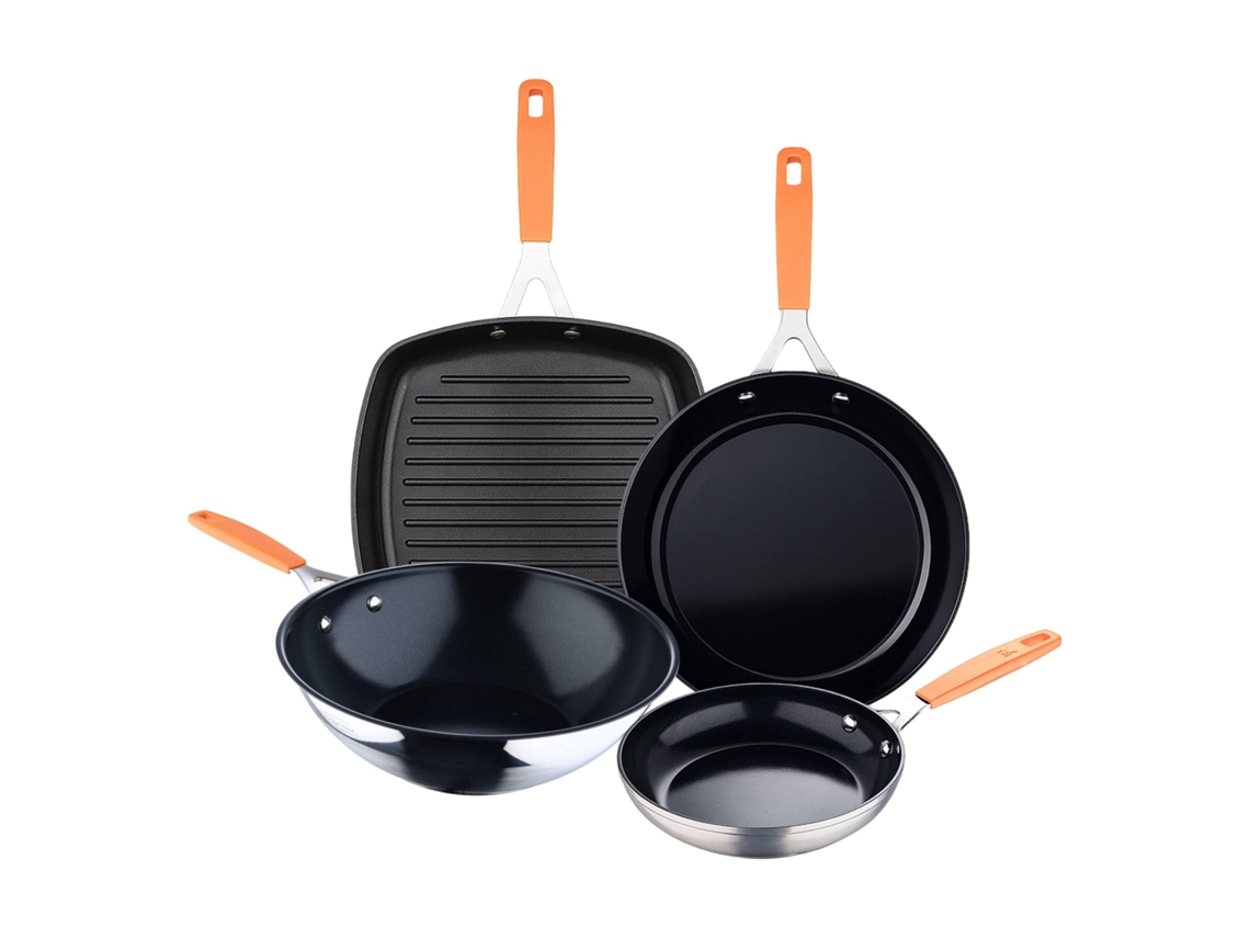 Juego compacto San Ignacio con 2 sartenes Ø16ø28cm + parrilla cuadrada 28x28cm + wok Ø28cm en aluminio forjado para inducción.