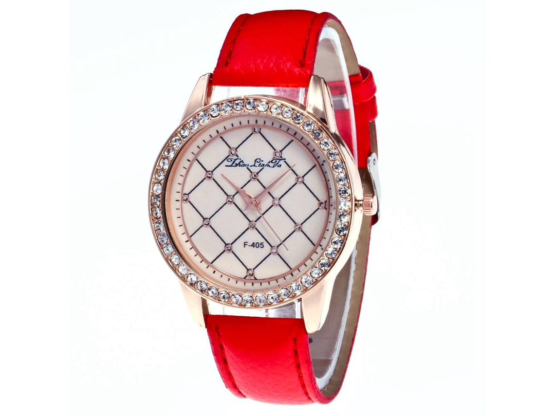 Reloj De Pulsera Zhoulianfa Para Mujer De Piel Sintética Con Diamantes De Imitación, Esfera Redonda, Movimiento De Cuarzo, Color Rojo.
