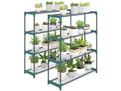 Juego de 4 soportes metálicos para plantas, aptos para uso interior y exterior, fácil montaje, color verde.