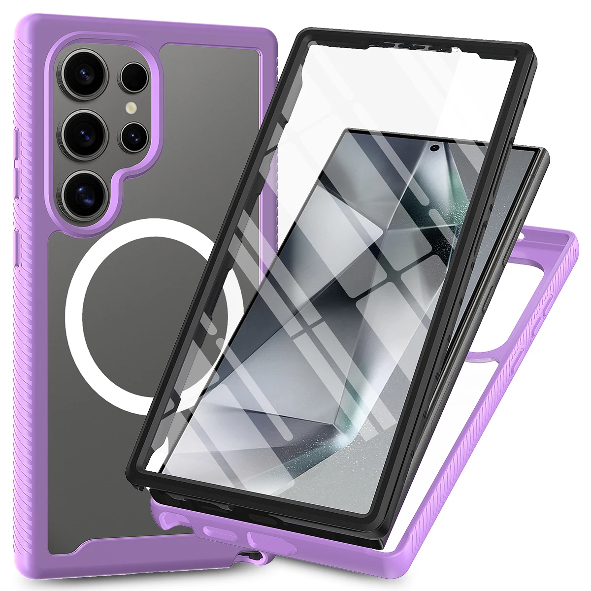 (morado, Galaxy S24) Funda Transparente A Prueba De Golpes De 360°, Compatible Con Carga Magnética, Incluye Protector De Pantalla