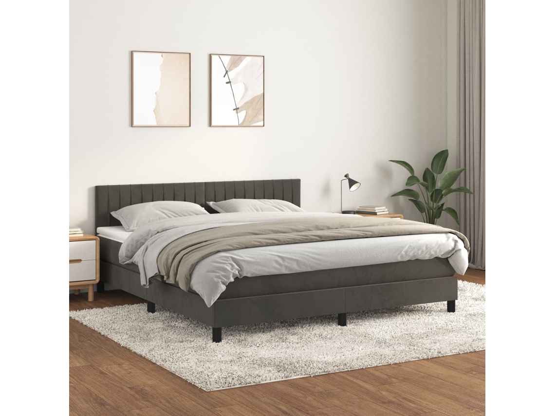 Cama Box Spring Con Colchón Terciopelo Gris Oscuro 180x200 Cm