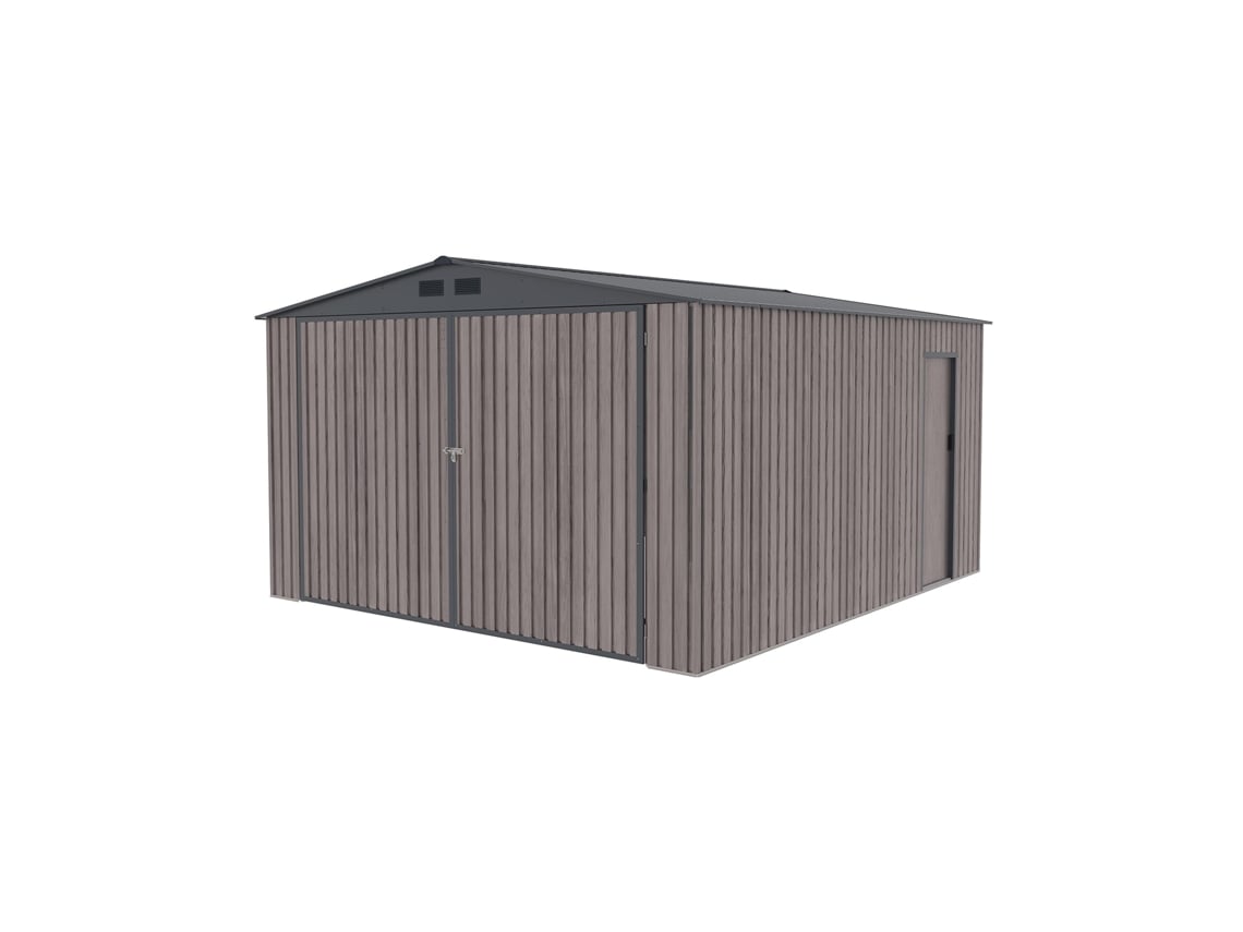 Garaje metálico Gardiun Surrey de 15,96 m² (380 x 420 x 232 cm) para 1 coche | Puerta plegable doble, puerta lateral y desagüe | Efecto madera