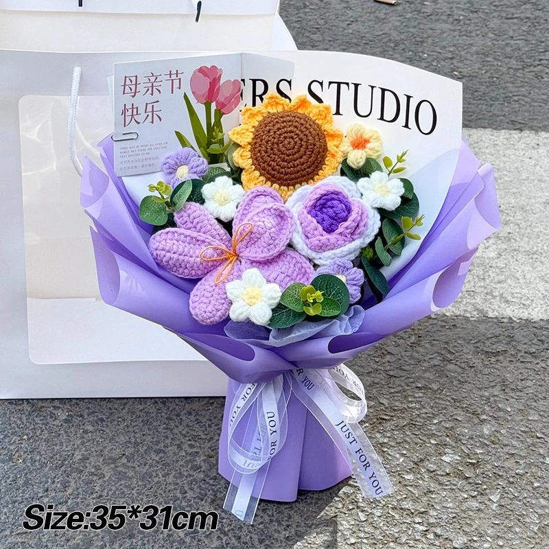 Ramo De Flores Tejido A Mano A Crochet, Regalo Para El Día De La Madre, Ramo De Graduación Tejido A Crochet Terminado (incluye Bolsa De Regalo).