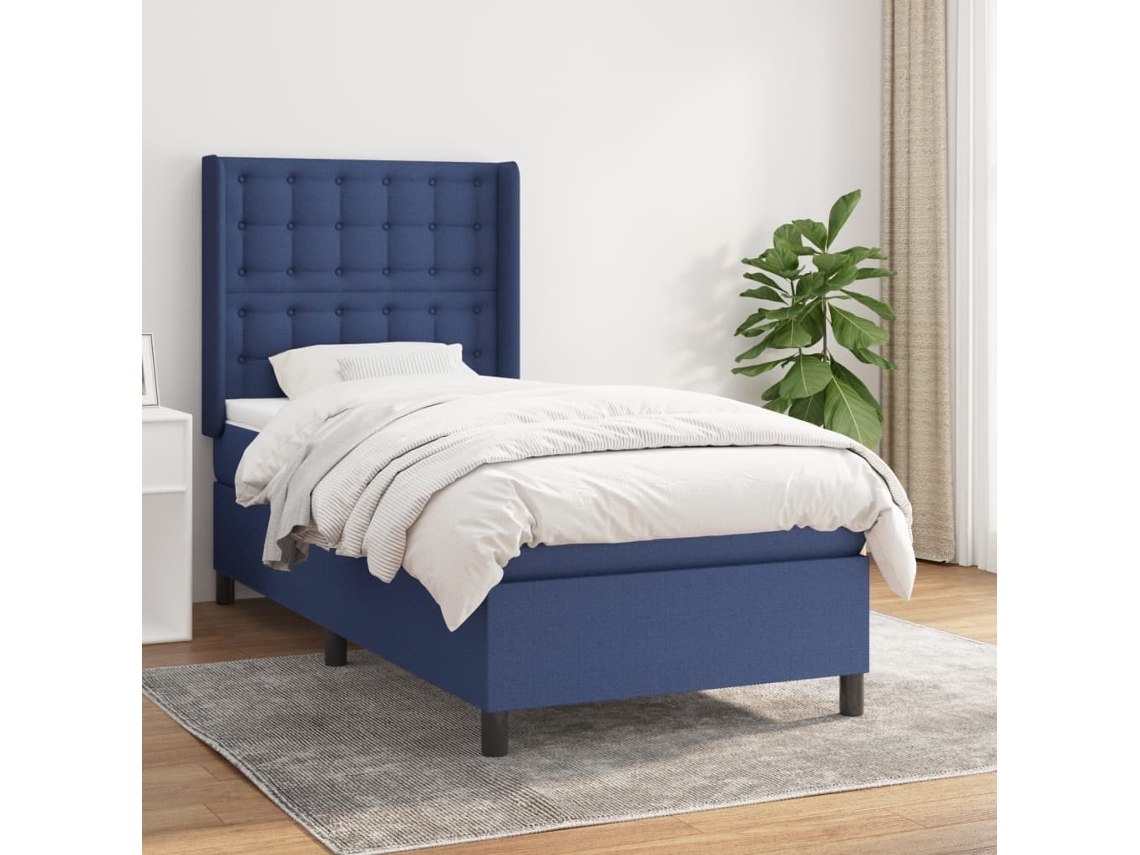 Cama Box Spring Con Colchón Tela Azul 80x200 Cm