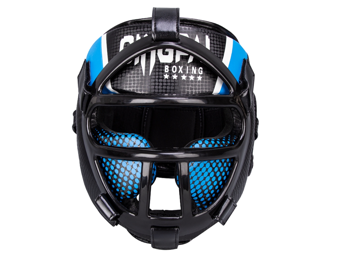 (Con mascarilla) Nuevo equipo de protección para entrenamiento de Muay Thai: Casco y protector de cabeza. Mdug (azul G)