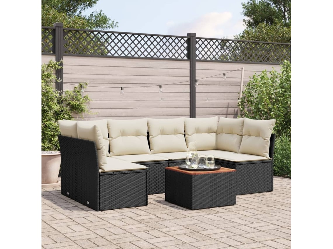 Conjunto de sofá de jardín de 7 piezas con cojines, ratán negro, Dkd Home Decor