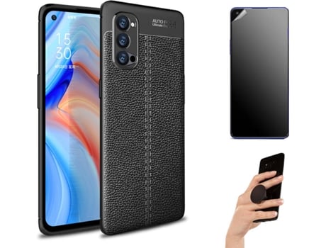 Kit Carcasa Y Protector Oppo Reno 4 Pro 5G Ultimatte Rugged Leather Y Popsocket Negro