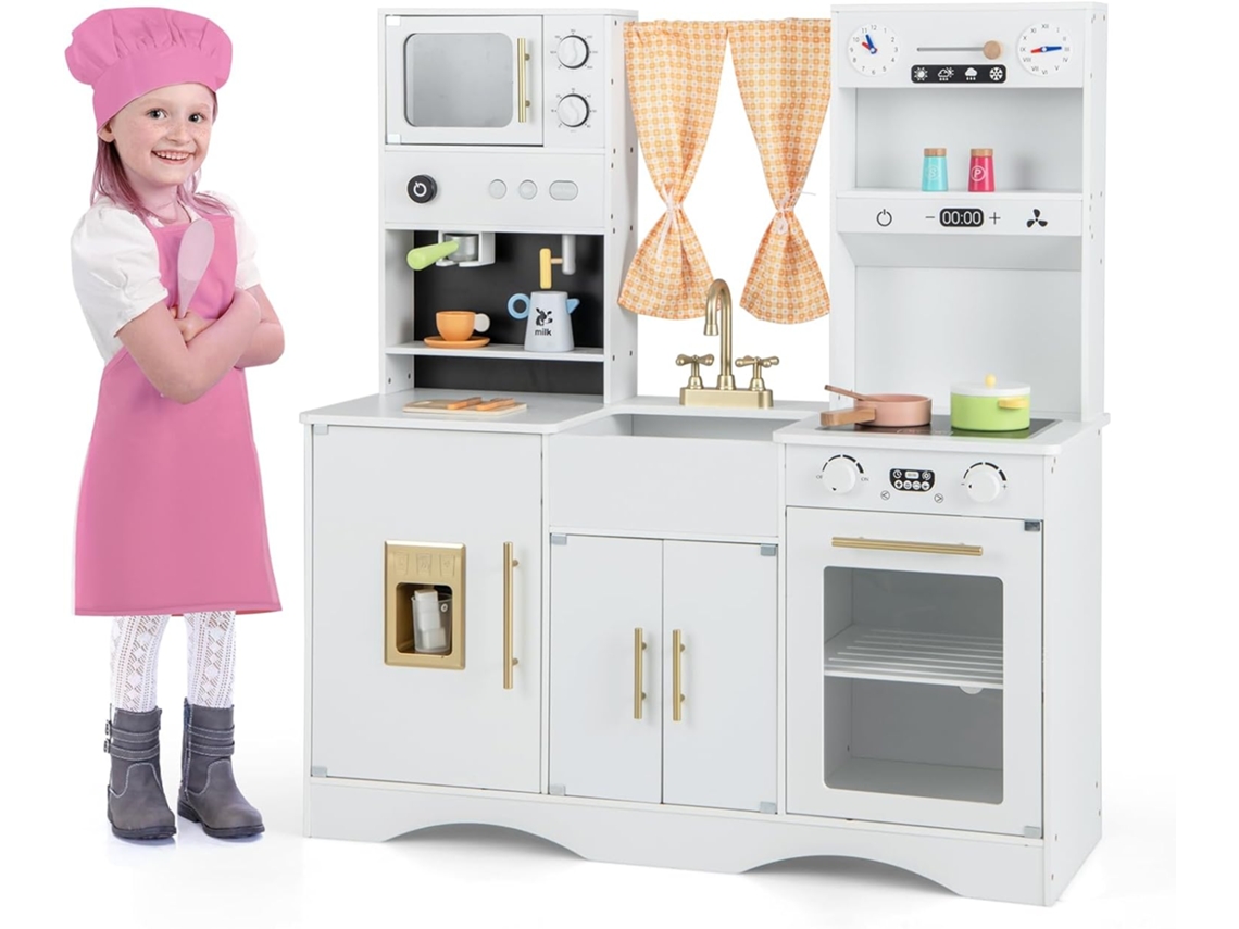 Cocina Juguete de Madera con Microondas, Cafetera,Cocinita Infantil para Chef con Cortinas y Sonidos para Niños de 3+ Años (Blanco) COSTWAY