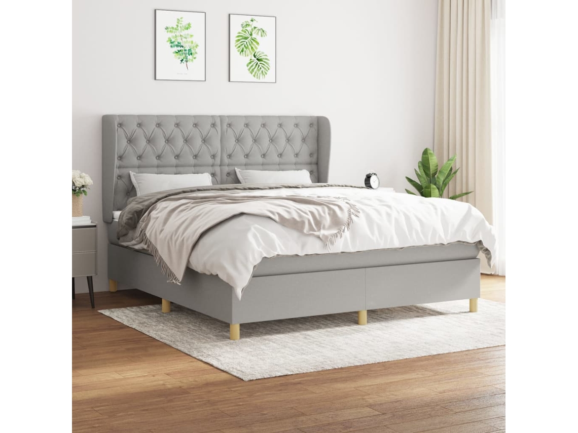 Cama Box Spring Con Colchón Tela Gris Claro 160x200 Cm