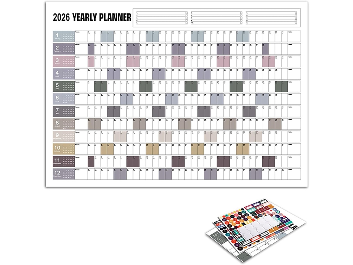 Calendario Anual Completo De Pared De 2026 - Fechado 74 X 52,5 Cm Para El