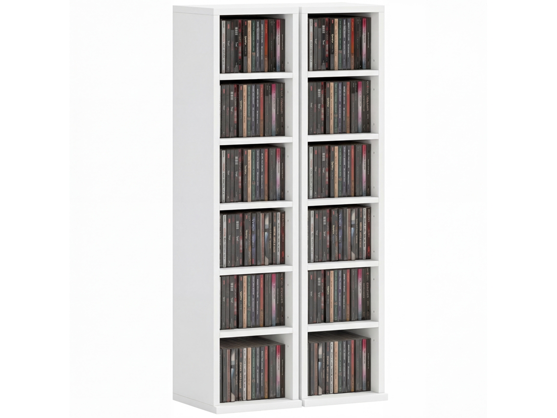 Juego de 2 estanterías de columna para almacenamiento de CD/DVD, 12 compartimentos, 21 x 22,5 x 88,5 cm, capacidad para 204 CD, color blanco.