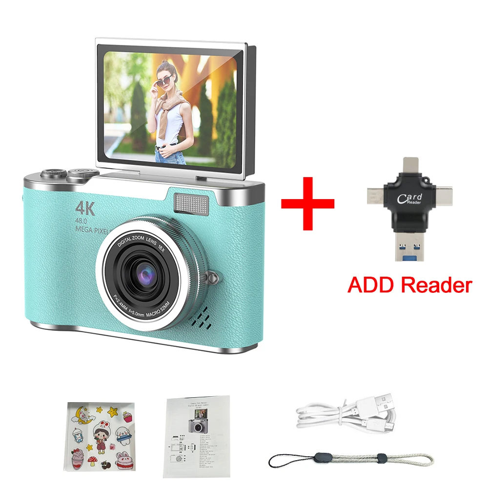 (verde Con Lector De Tarjetas -64gb) Cámara Digital 4k -48 Mp - Cámara Infantil - Enfoque Automático - Pantalla De 2,4 Pulgadas -180° Flip