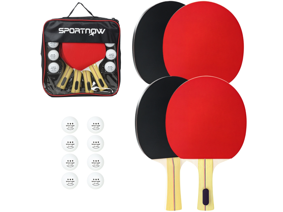 Juego de raquetas de ping-pong, 4 raquetas, 8 pelotas, estuche de transporte, color rojo.