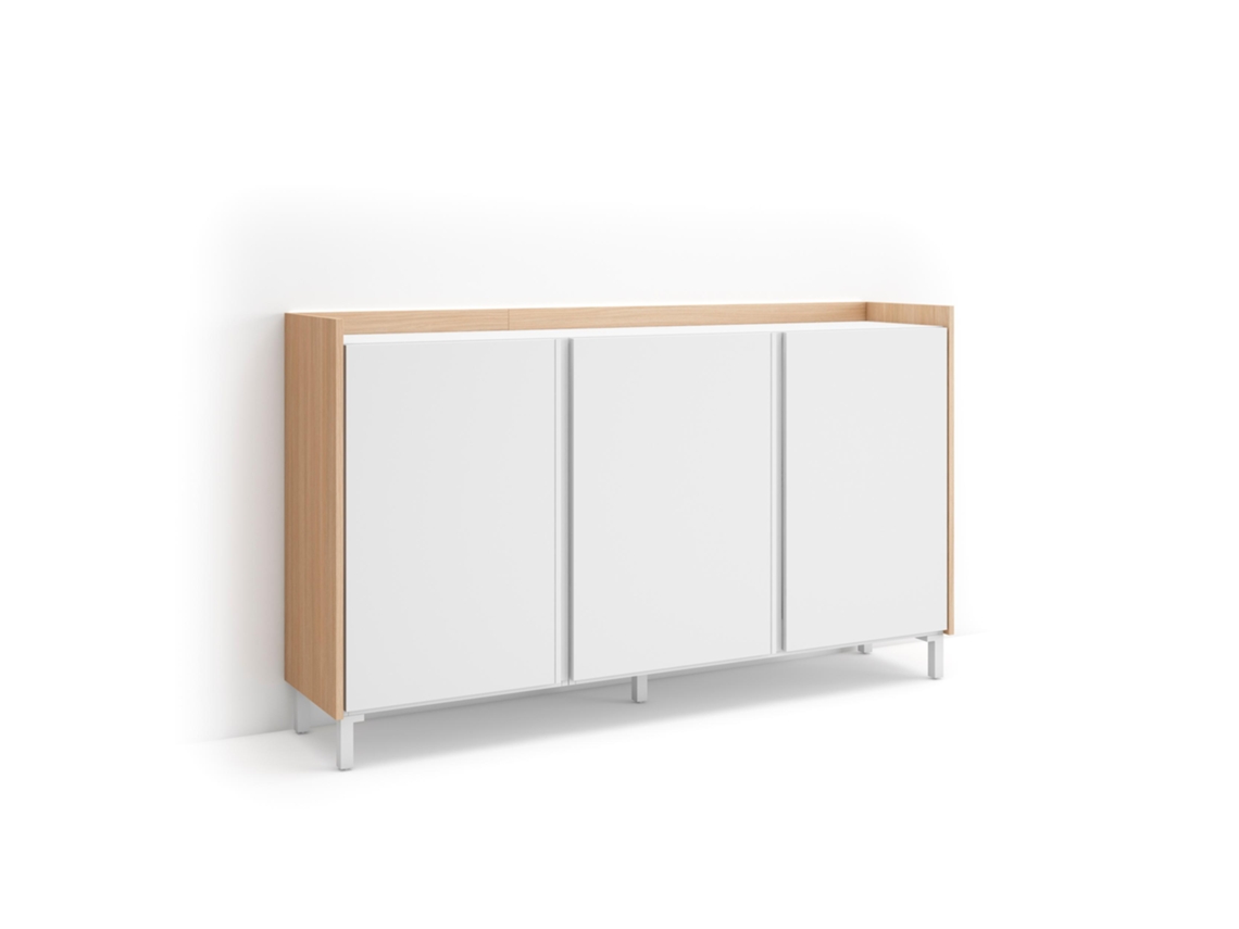 Aparador Para Salón, 156x35x91cm, 3 Puertas, Diseño Industrial, Led, Blanco Y Roble Soft