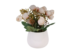 Arreglo floral artificial de peonías o rosas en jarrón de cerámica blanca. Realista para decoración del hogar | 22x9x9 cm.