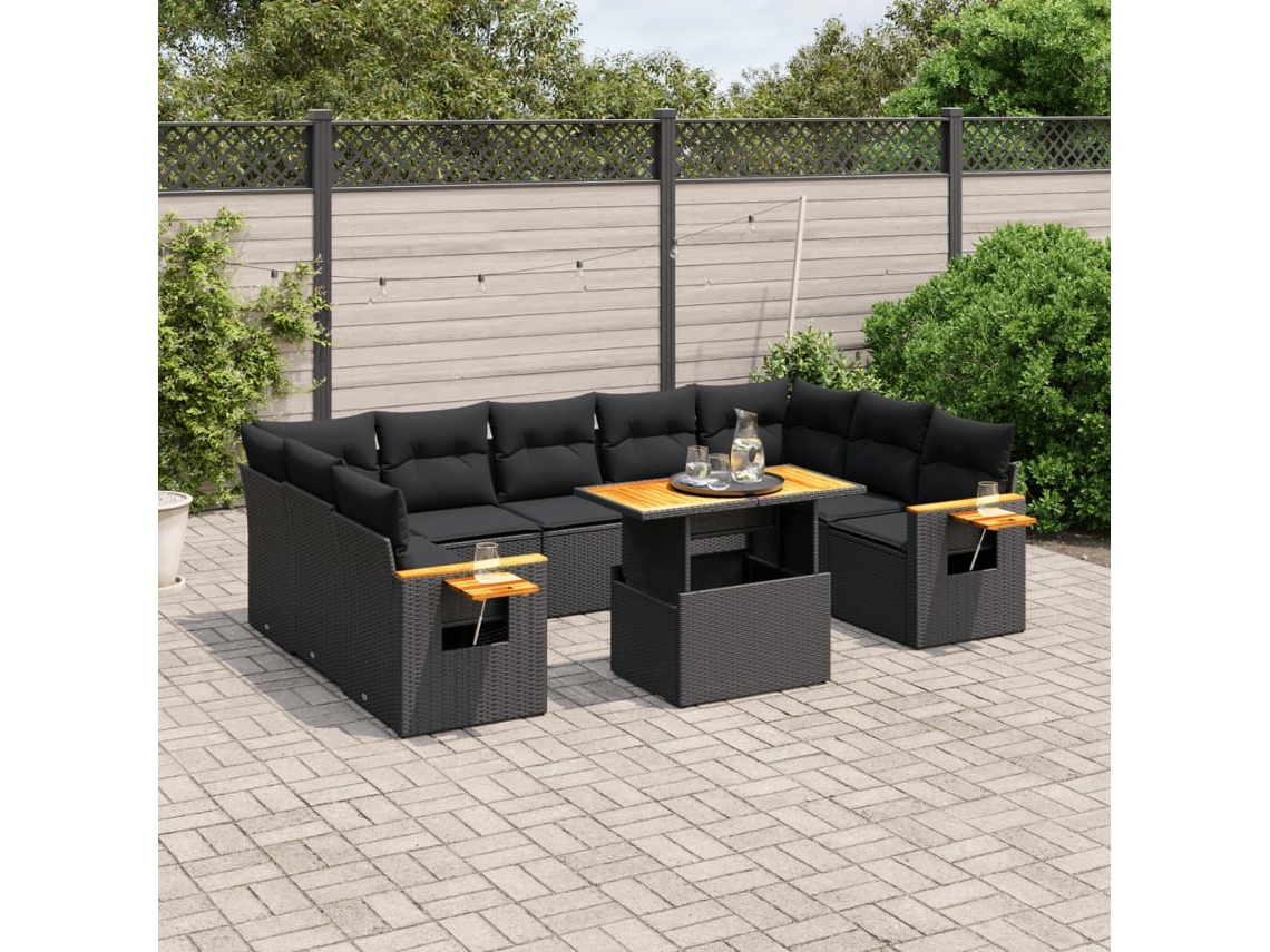 Conjunto de sofá de jardín de 10 piezas con cojines en mimbre sintético negro de DKD Home Decor