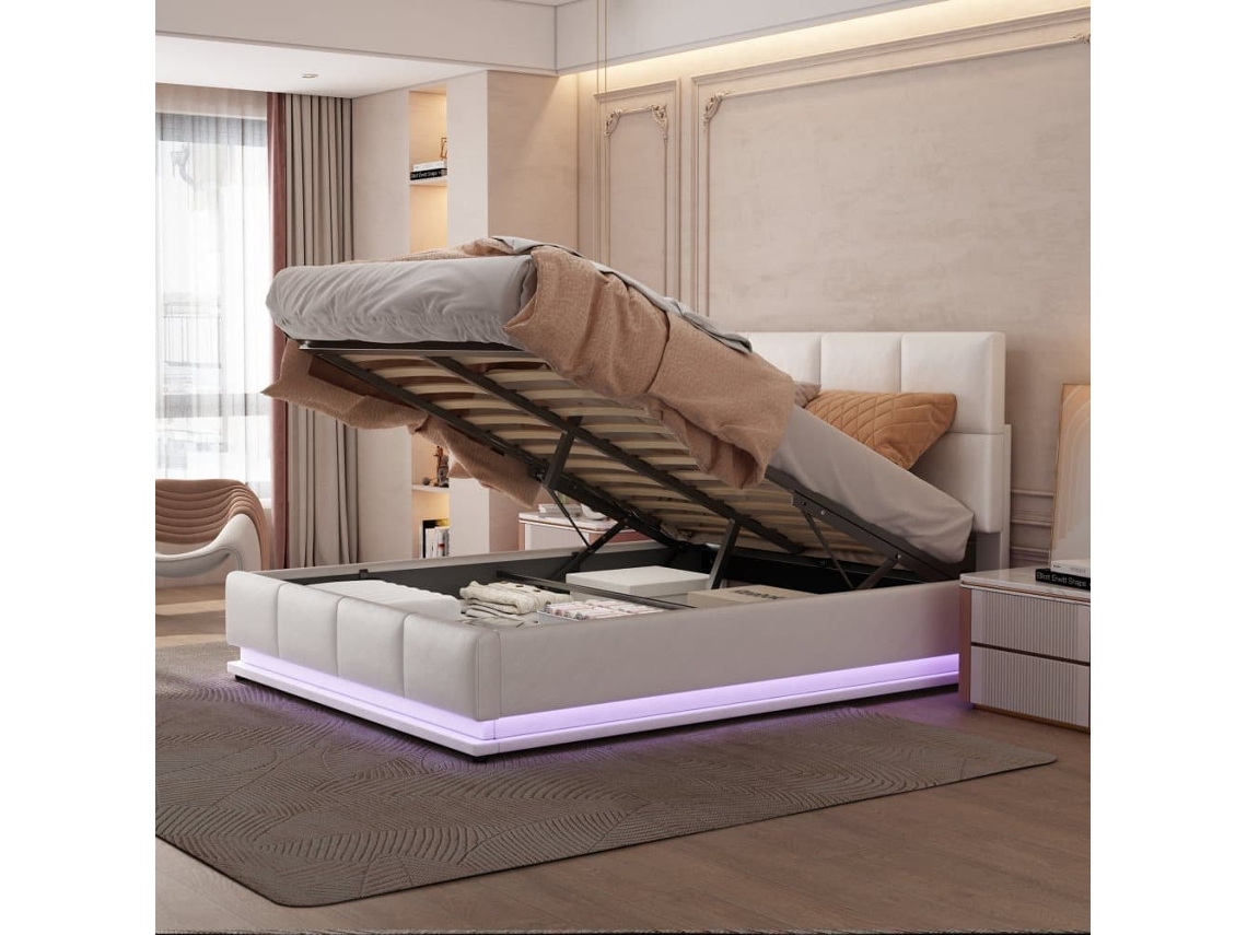 Cama Tapizada 140x200 Cm - Led, Almacenamiento Hidráulico, Cama Doble, Blanco
