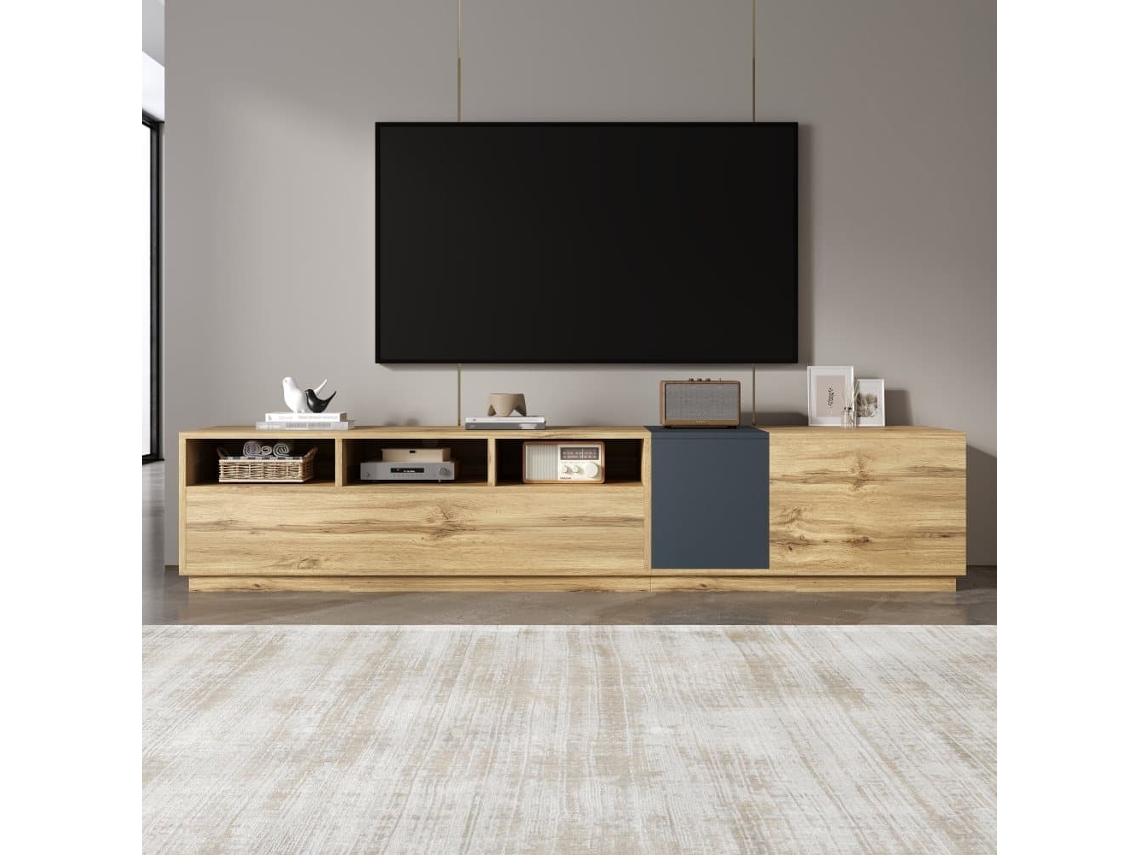 Mueble Tv Moderno 200 Cm - Diseño Contrastante, Compartimentos Abiertos - Negro, Gris, Natural