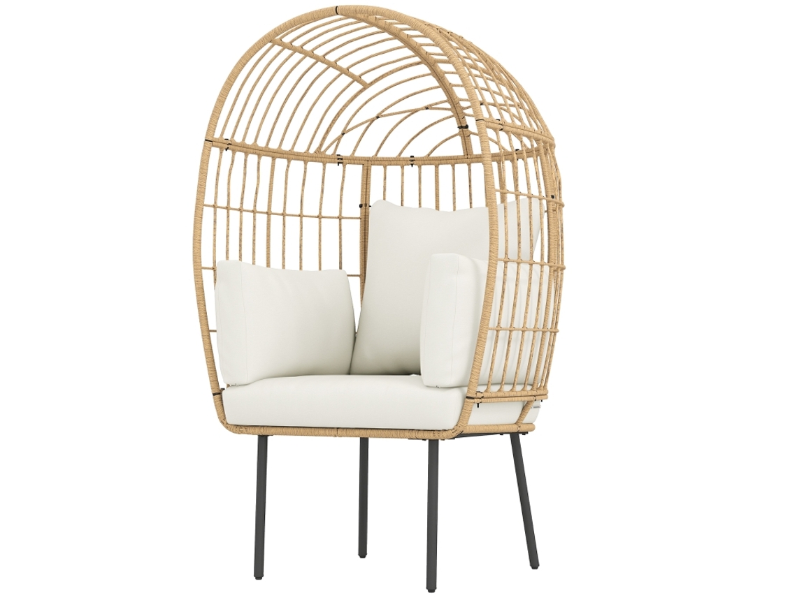 Sillón De Ratán Con Forma De Huevo Y Cojín Extraíble, Para Patio Y Jardín, Color Beige.