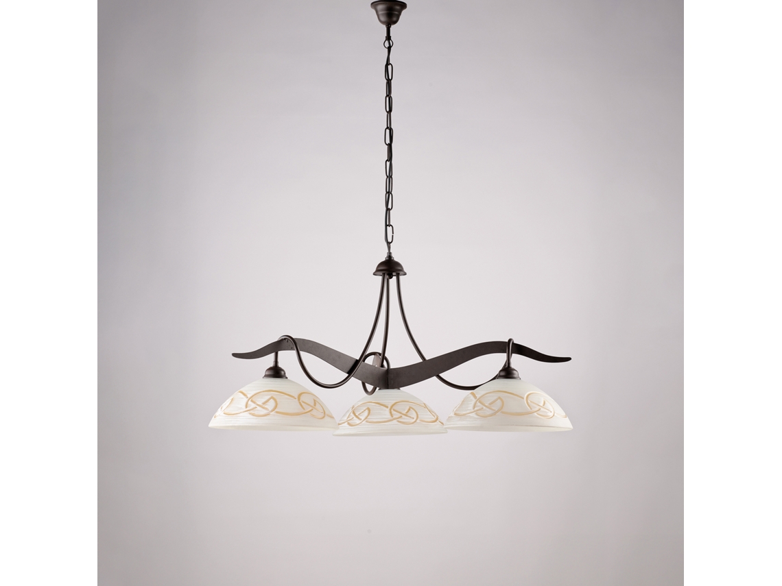 Lámpara de araña Bilbao en hierro negro con efecto óxido Deco y difusores de cristal D. 30 Luces blancas y ámbar 3 Luces 106 Ø89 Belight