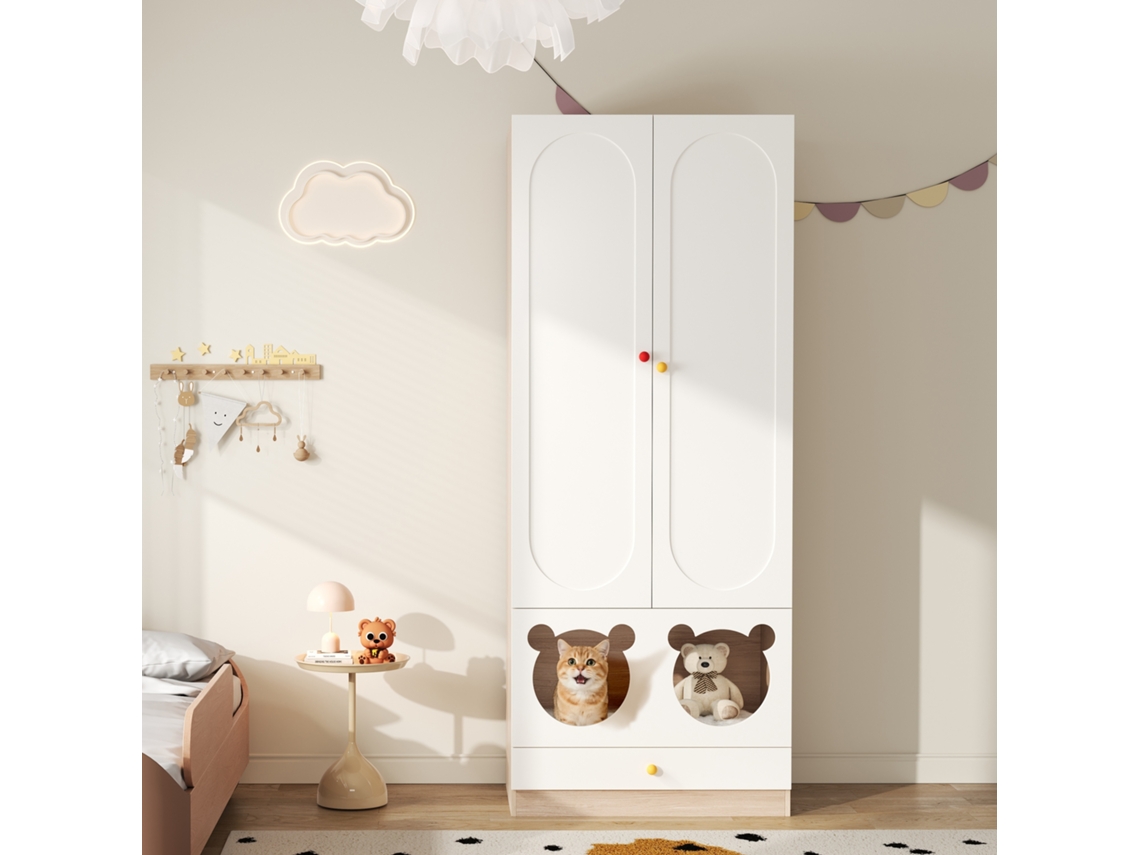 Armario Infantil Con Barra Para Colgar Ropa, Cama Para Gatos, Tiradores De Cerámica, Blanco Natural.