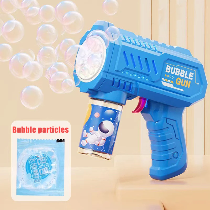 Pistola de burbujas eléctrica con 6 agujeros en forma de dinosaurio y luz MDUG (azul cielo)