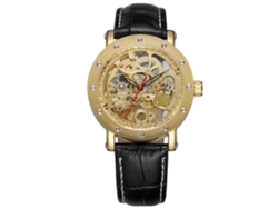 Reloj De Pulsera Mecánico Para Hombre Con Esfera Calada, Caja Dorada, Correa De Piel Sintética, Resistente Al Agua.