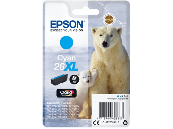 Cartucho de tinta original EPSON, 26XL, Oso polar 9,7 ml , Cian, C13T26324012, T2632