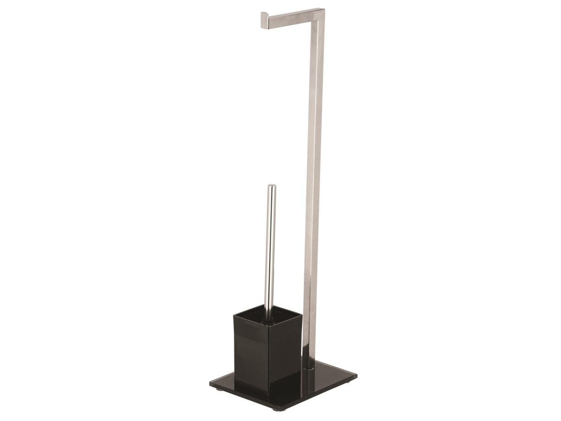 Soporte para papel higiénico Wellhome con cepillo, de pie, en acero inoxidable y cristal negro.