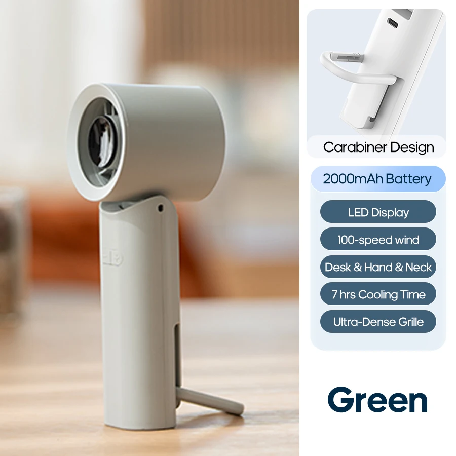 (verde) Ventilador Portátil De Mano De Alta Velocidad, 2000 Mah, Ventilador De Refrigeración Plegable Con Pantalla Digital Led.