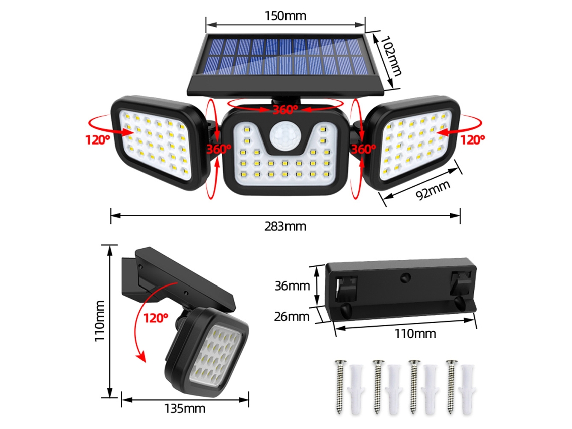 2026-lámpara Solar De Pared 3 Cabezas Rotables Con Sensor De Movimiento Impermeable Para Exterior Jardín 74l-ed 100cob