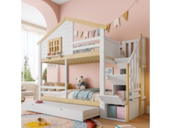 Litera De 90x200 Con Escalera, Espacio De Almacenamiento, Puerta Plegable Y Ventana, Color Blanco Natural.