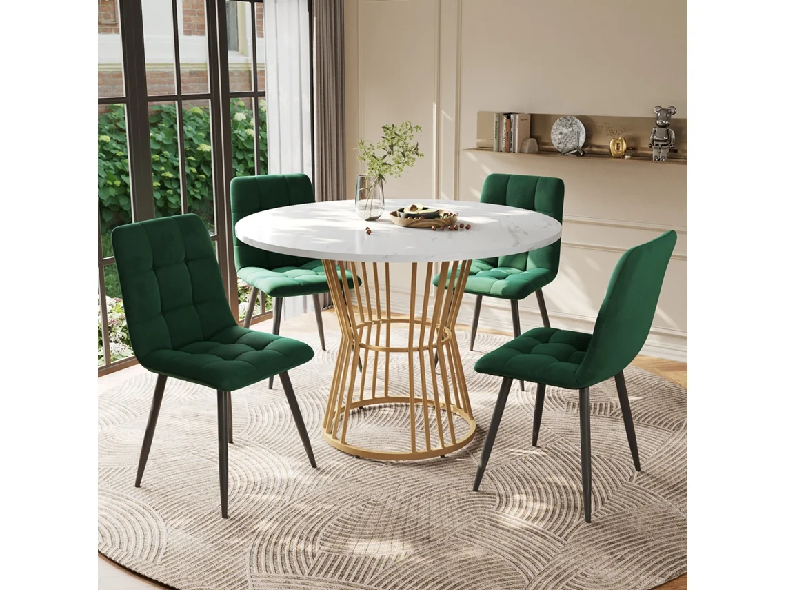 Mesa redonda de 100 cm con 4 sillas en terciopelo verde y dorado.