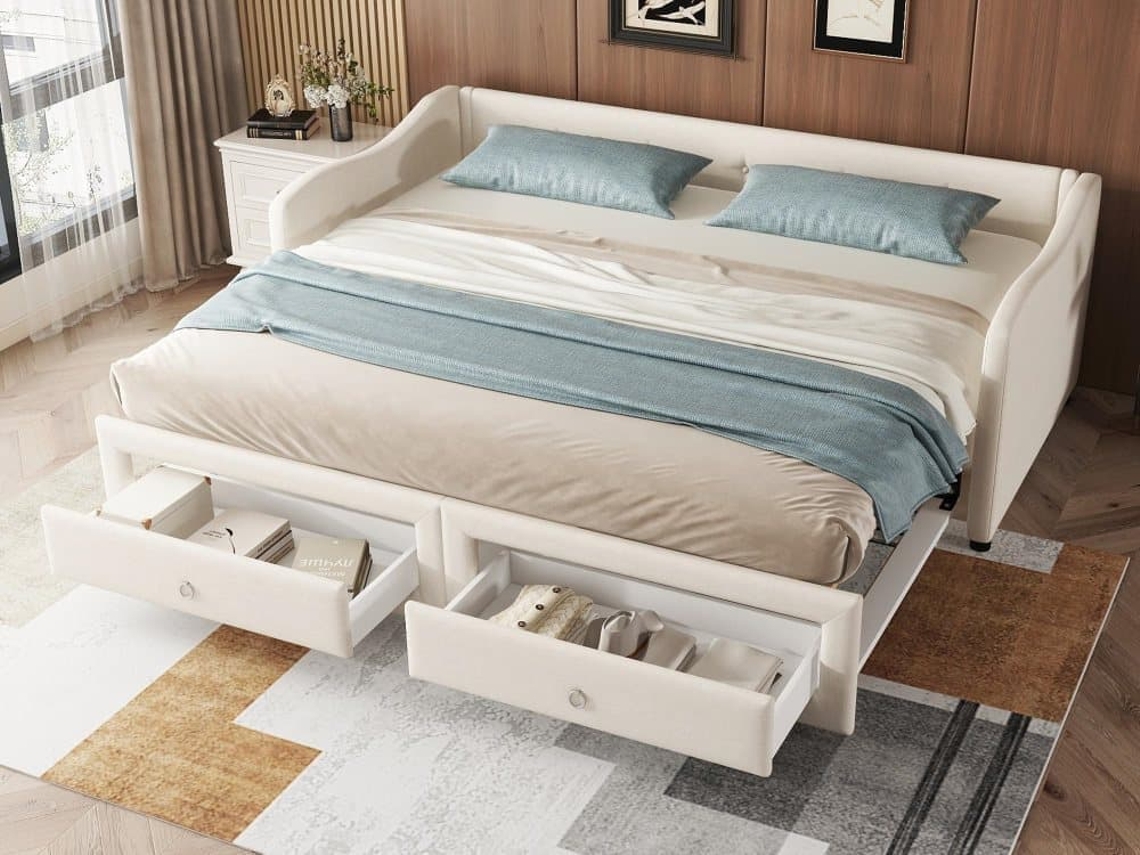 Cama Día 90x200 Cm - Cama Extraíble, Sofá Cama Con Dos Cajones, Lino, Estilo Minimalista, Beige