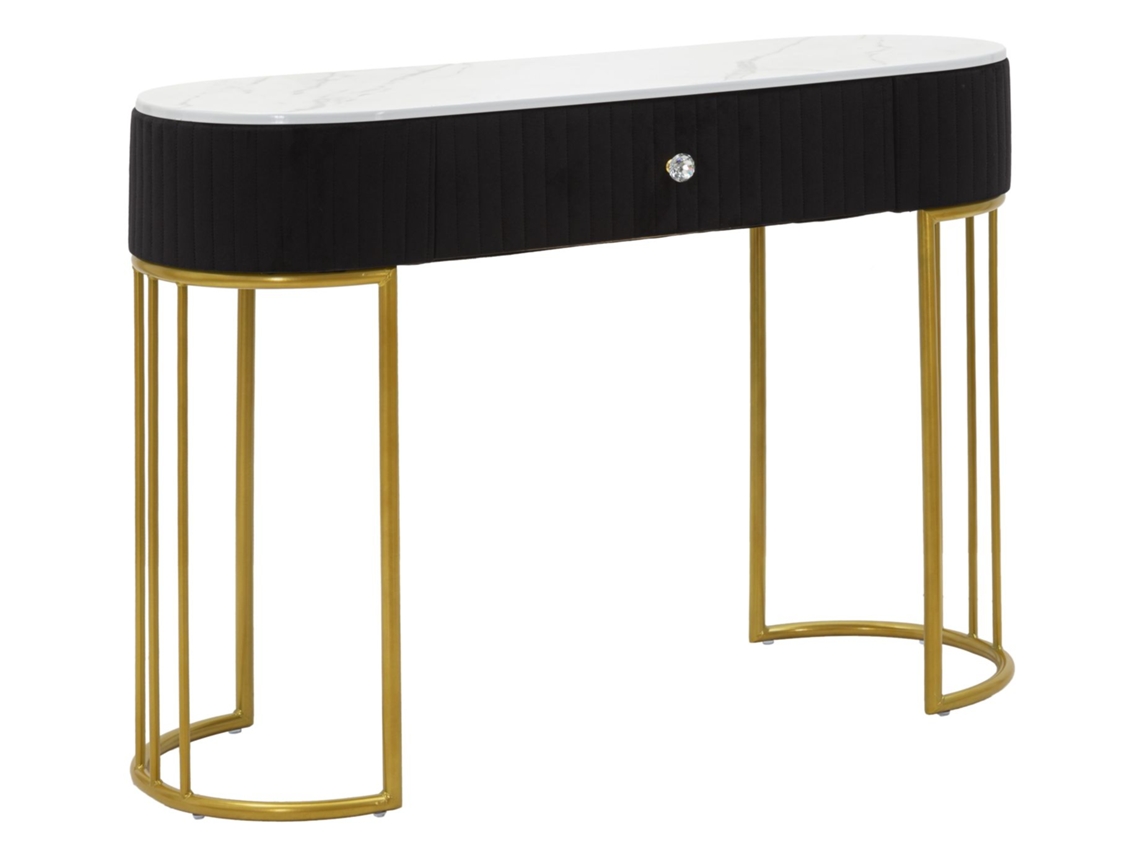 Consola Montpellier Black Glam - Estructura De Metal Dorado Con Tablero De Imitación Mármol Y Tela Negra 100x43x74 Cm - Elegante Diseño Rectangular