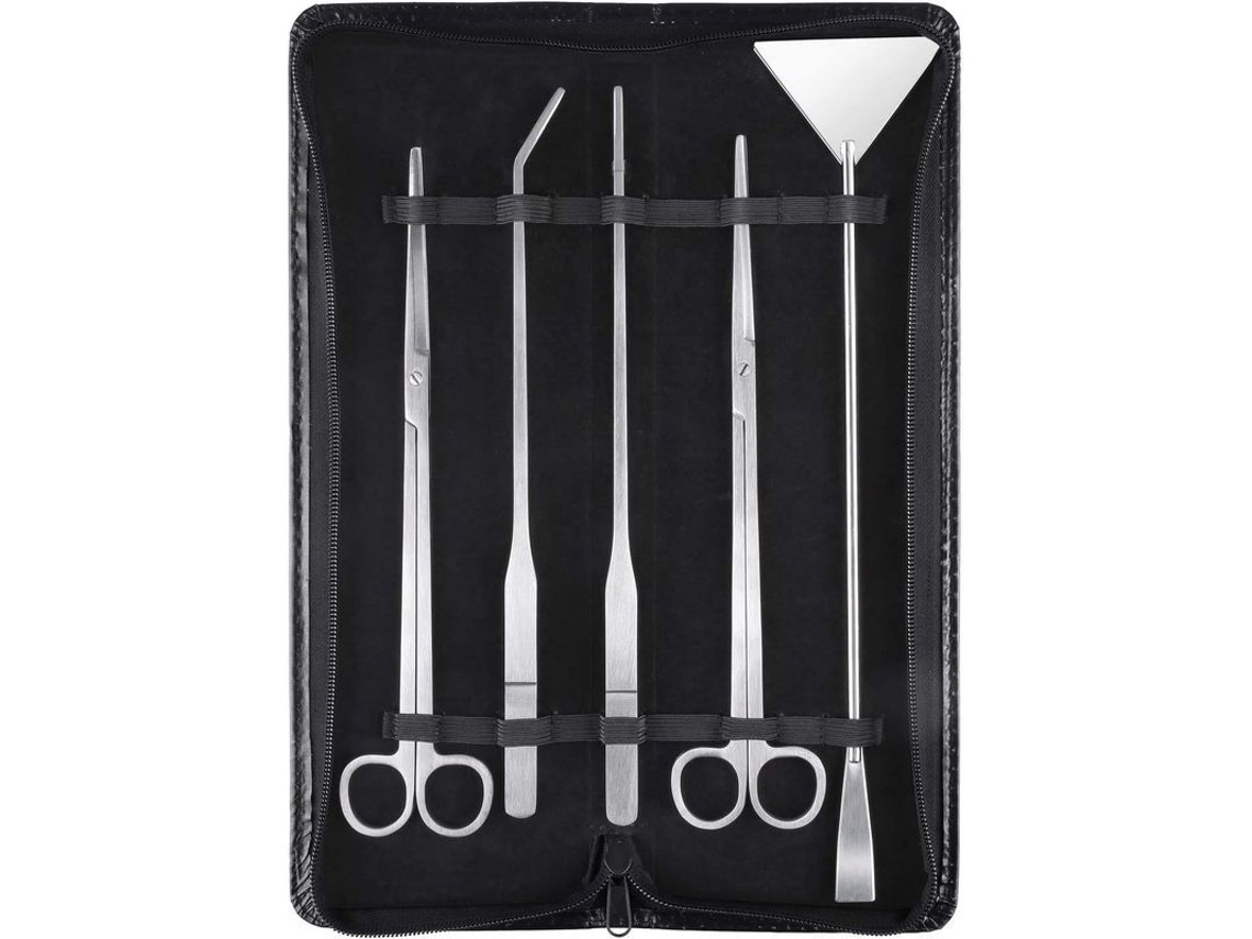 Kit De Herramientas 5 En 1 De Acero Inoxidable Para Acuarios Y Plantas Acuáticas Con Estuche De Cuero Pvc.