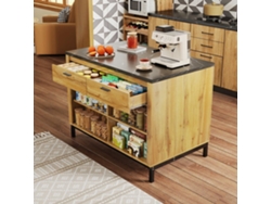 Isla De Cocina 120×75×90cm - 2 Cajones, 4 Estantes Abiertos, Diseño Rústico, Superficie De Mármol Negro, Estructura Metálica - Negro+natural