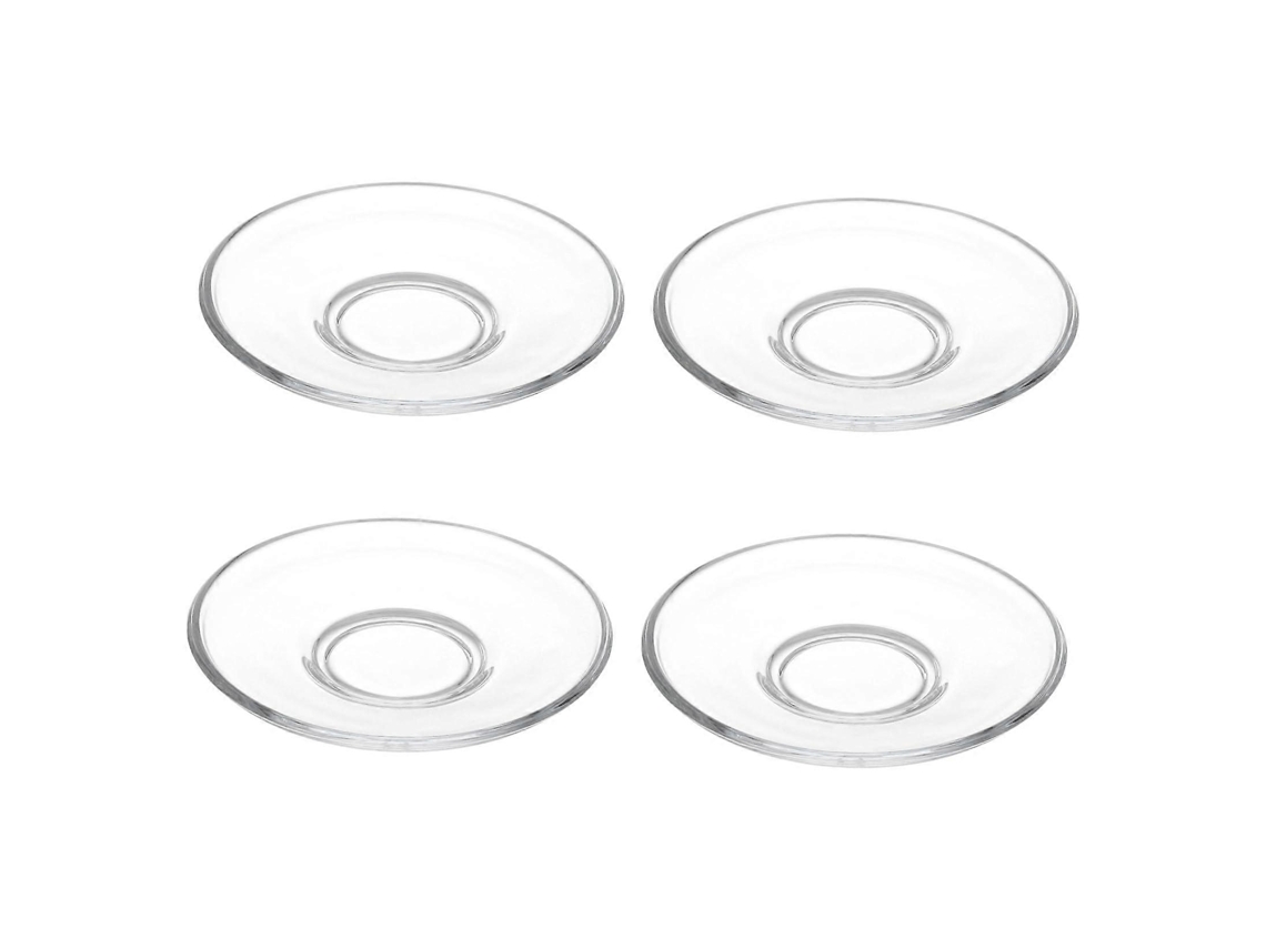 Juego de 4 platillos redondos de vidrio transparente para postres, café, té y aperitivos. Resistentes y duraderos.