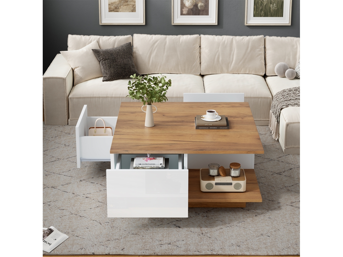 Mesa Centro 70x70x31.5 3 Cajones Geométrica Alto Brillo Blanco Madera Salón Pequeño