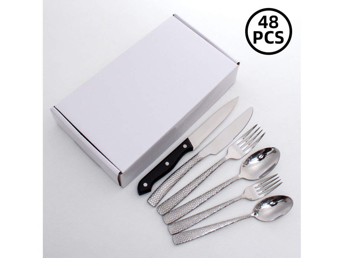 Juego de cubiertos MDUG de acero inoxidable martillado con mango cuadrado plateado (48 piezas)