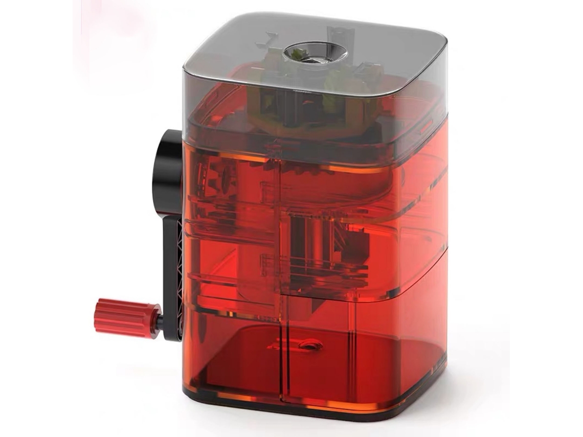Sacapuntas Manual Con Alimentación Automática De Bolígrafos, Manivela, Estructura Transparente, Plástico, Metal, Portátil, Transparente, Rojo
