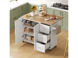 Gran Mesa De Cocina Móvil Con Tapa De Roble, Diseño Plegable, Mueble Multifuncional, 3 Cajones, Toallero.