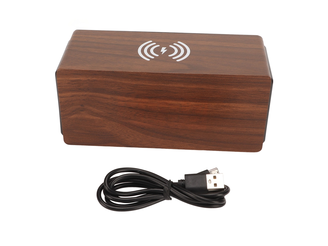 Reloj Digital Led De Madera Con Alarma, Altavoz Bluetooth Y Carga Inalámbrica.