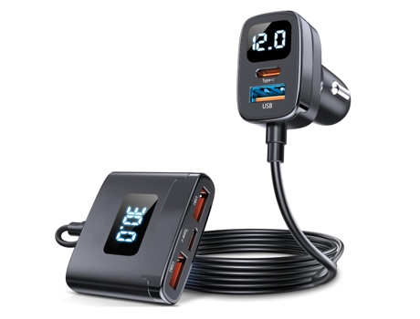 Cargador de coche de carga rápida USB C de 78W, cargador de coche de 5 puertos con pantalla de voltaje, extensión CHRONUS 5